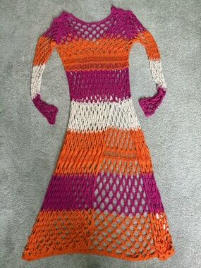 ASOS Long Sleeve Swim Coverup Crotchet Beach Dress Fuchsia Orange Cream Medium